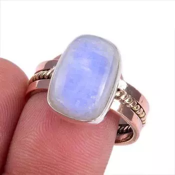 Natural Rainbow Moonstone Gemstone Two Tone 925 Sterling Silver Ring S.9.5 c5K85