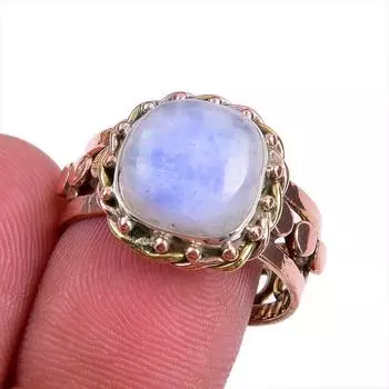 Natural Rainbow Moonstone Gemstone Two Tone 925 Sterling Silver Ring Size 8 q6i11