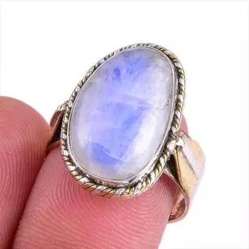 Natural Rainbow Moonstone Gemstone Two Tone 925 Sterling Silver Ring S.7.5 R3z97