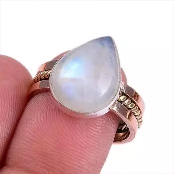 Natural Rainbow Moonstone Gemstone Two Tone 925 Sterling Silver Ring Size 8 b3t51