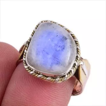 Natural Rainbow Moonstone Gemstone Two Tone 925 Sterling Silver Ring S.7.5 g4o69