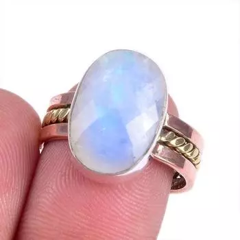 Natural Rainbow Moonstone Gemstone Two Tone 925 Sterling Silver Ring Size 7 t6E53