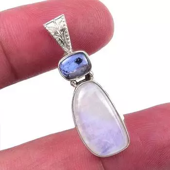 Natural Rainbow Moonstone, Kyanite 925 Solid Sterling Silver Pendant 1.25 Z0O30