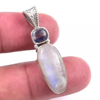 Natural Rainbow Moonstone,Kyanite 925 Solid Sterling Silver Pendant 1.50 C7M37