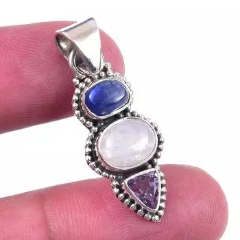 Natural Rainbow Moonstone, Kyanite 925 Solid Sterling Silver Pendant 1.25 n5T41