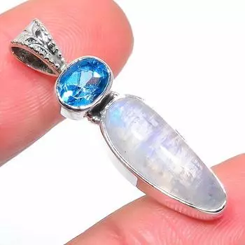 Natural Rainbow Moonstone, Kyanite 925 Solid Sterling Silver Pendant 1.42 w7z89