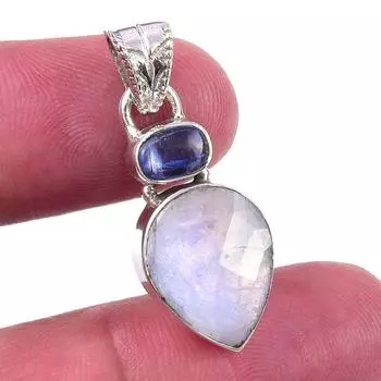 Natural Rainbow Moonstone, Kyanite 925 Solid Sterling Silver Pendant 1.25 r4W64