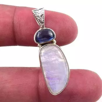 Natural Rainbow Moonstone, Kyanite 925 Solid Sterling Silver Pendant 1.50 l6Z81