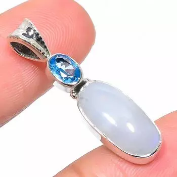 Natural Rainbow Moonstone, Kyanite 925 Solid Sterling Silver Pendant 1.38 m2d24