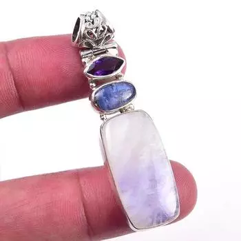 Natural Rainbow Moonstone,Kyanite 925 Solid Sterling Silver Gift Pendant 2 Z5K80