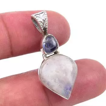 Natural Rainbow Moonstone,Kyanite 925 Solid Sterling Silver Pendant 1.25 T4w99