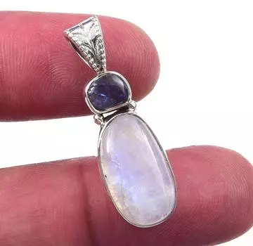 Natural Rainbow Moonstone, Kyanite 925 Solid Sterling Silver Pendant 1.25 W4R95