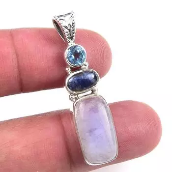 Natural Rainbow Moonstone,Kyanite 925 Solid Sterling Silver Pendant 1.50 o3l25