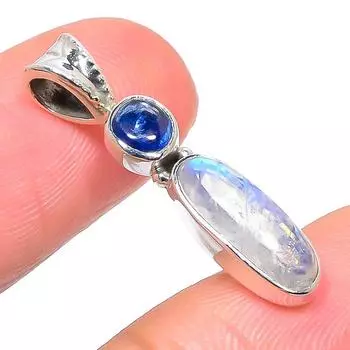 Natural Rainbow Moonstone, Kyanite 925 Solid Sterling Silver Pendant 1.26 J9m41