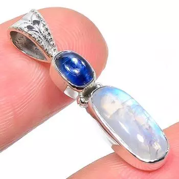 Natural Rainbow Moonstone, Kyanite 925 Solid Sterling Silver Pendant 1.26 v7j29