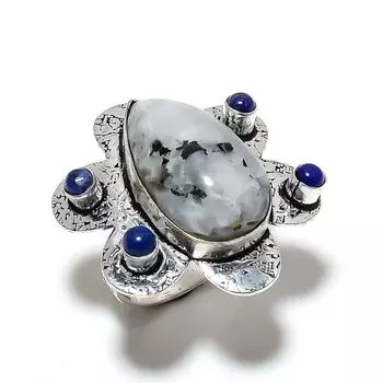 Natural Rainbow Moonstone, Lapis Gemstone 925 Sterling Silver Ring Size 9 h6Q27