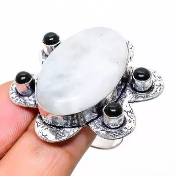 Natural Rainbow Moonstone,Onyx Gemstone 925 Sterling Silver Ring Size 9.5 o3h78