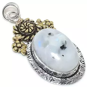 Natural Rainbow Moonstone Stone 925 Sterling Silver Two Tone Pendant 2.25 Z9B78
