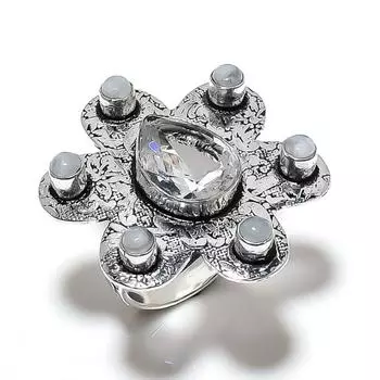 Natural Rainbow Moonstone, Topaz Gemstone 925 Sterling Silver Ring Size 8 V4a42