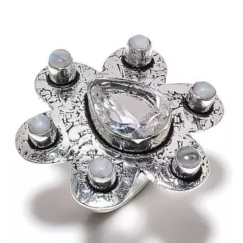 Natural Rainbow Moonstone, Topaz Gemstone 925 Sterling Silver Ring Size 7 b2s44