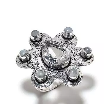 Natural Rainbow Moonstone, Topaz Gemstone 925 Sterling Silver Ring Size 8 S1b55