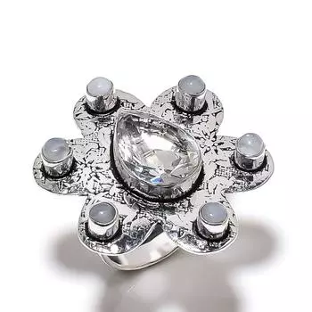 Natural Rainbow Moonstone, Topaz Gemstone 925 Sterling Silver Ring Size 9 D5E61