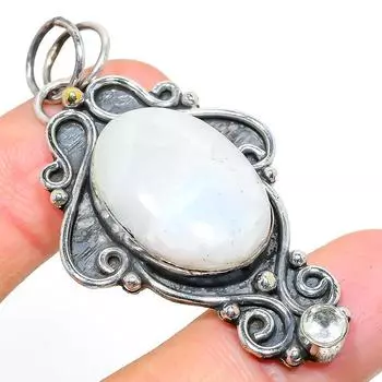 Natural Rainbow Moonstone, Topaz Gemstone 925 Sterling Silver Pendant 2.36 h0c33