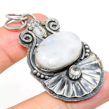 Natural Rainbow Moonstone, Topaz Gemstone 925 Sterling Silver Pendant 2.40 Z3U02
