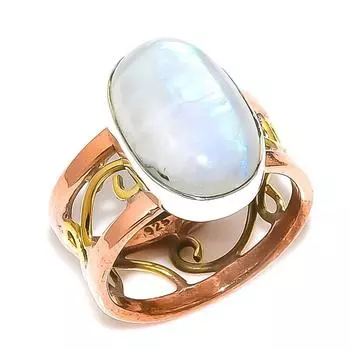 Natural Rainbow Moonstone Two Tone 925 Solid Sterling Silver Gift Ring S.9 Y1F13