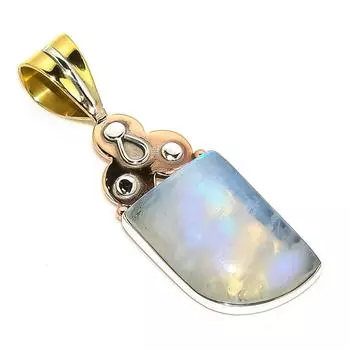 Natural Rainbow Moonstone Two Tone 925 Solid Sterling Silver Pendant 1.75 D8o66