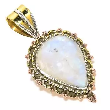 Natural Rainbow Moonstone Two Tone 925 Solid Sterling Silver Pendant 1.50 o9a92