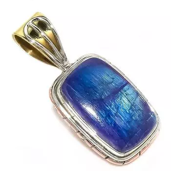 Natural Rainbow Moonstone Two Tone 925 Solid Sterling Silver Pendant 1.25 E4S20