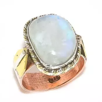 Natural Rainbow Moonstone Two Tone 925 Sterling Silver Jewelry Ring S.7.5 s8K46