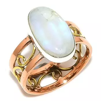 Natural Rainbow Moonstone Two Tone 925 Sterling Silver Jewelry Ring S.10.5 a4j56
