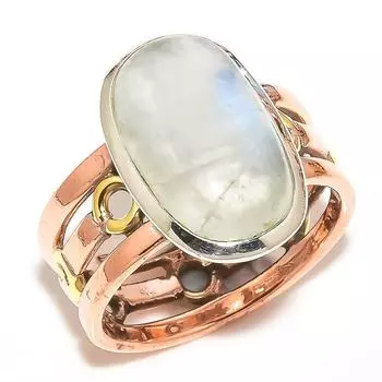 Natural Rainbow Moonstone Two Tone 925 Sterling Silver Jewelry Ring S.10.5 w0W52