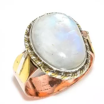 Natural Rainbow Moonstone Two Tone 925 Sterling Silver Jewelry Ring S.8.5 m9o41