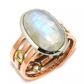 Natural Rainbow Moonstone Two Tone 925 Sterling Silver Jewelry Ring S.8.5 S8z36