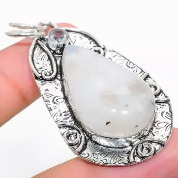 Natural Rainbow Moonstone, White Topaz 925 Sterling Silver Pendant 2.40 Z8e43