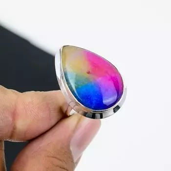 Natural Rainbow Solar Quartz Adjustable 925 Sterling Silver Ring - Fits US Sizes 6 to 11- Handmade Boho Jewelry for Women & Men, Birthday Gifts Adjustable синий