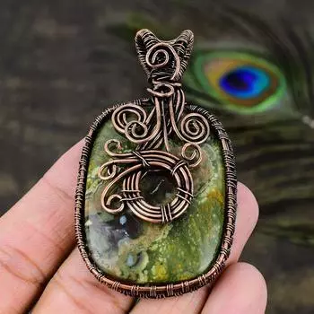 Natural Rainforest Jasper Gemstone Copper Wire Wrap Gift Pendant 2.88 O5B92