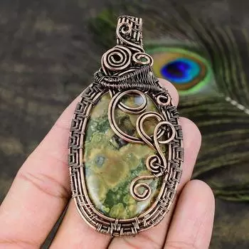 Natural Rainforest Jasper Gemstone Copper Wire Wrap Gift Pendant 3.47 l5F02