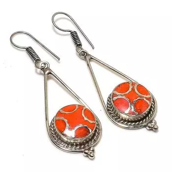 Natural Red Coral Gemstone Handmade Jewelry Earring 2.40 e1r42