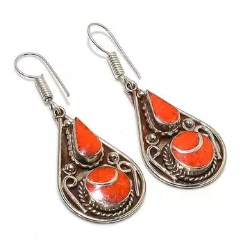 Natural Red Coral Gemstone Handmade Jewelry Earring 2.21 S8E11