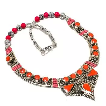 Natural Red Coral Gemstone Handmade Jewelry Necklace 18 r4V43