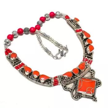 Natural Red Coral Gemstone Handmade Jewelry Necklace 18 f3S94