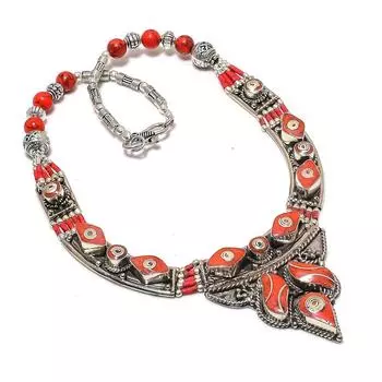 Natural Red Coral Gemstone Handmade Jewelry Necklace 18 g8b01