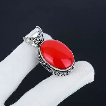 Подвеска из натурального красного коралла и серебра 925 пробы - Ручная работа, овальный дизайн, украшение на каждый день, подарок на День отца 1.96 красный