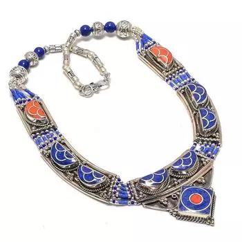 Natural Red Coral, Lapis Gemstone Handmade Jewelry Necklace 18 F9A96