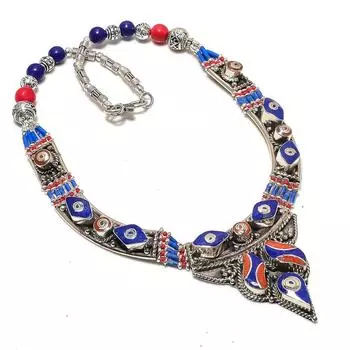 Natural Red Coral, Lapis Gemstone Handmade Jewelry Necklace 18 K9u69