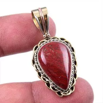 Natural Red Jasper Gemstone 925 Solid Sterling Silver TwoTone Pendant 1.50 M9y63